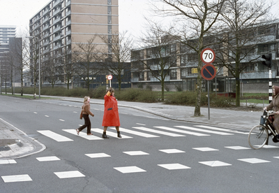 117538 Afbeelding van een verkeersbrigadier bij de oversteekplaats voor voetgangers in de Beneluxlaan te Utrecht, ter ...